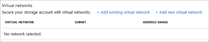 Screenshot of the Azure portal giving the option to add an existing or new virtual network to the storage account