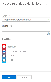An Azure portal screenshot showing the new file share UI.