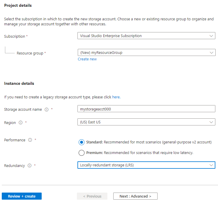 Screenshot showing how to enter the project and instance details for a storage account using the Azure portal.
