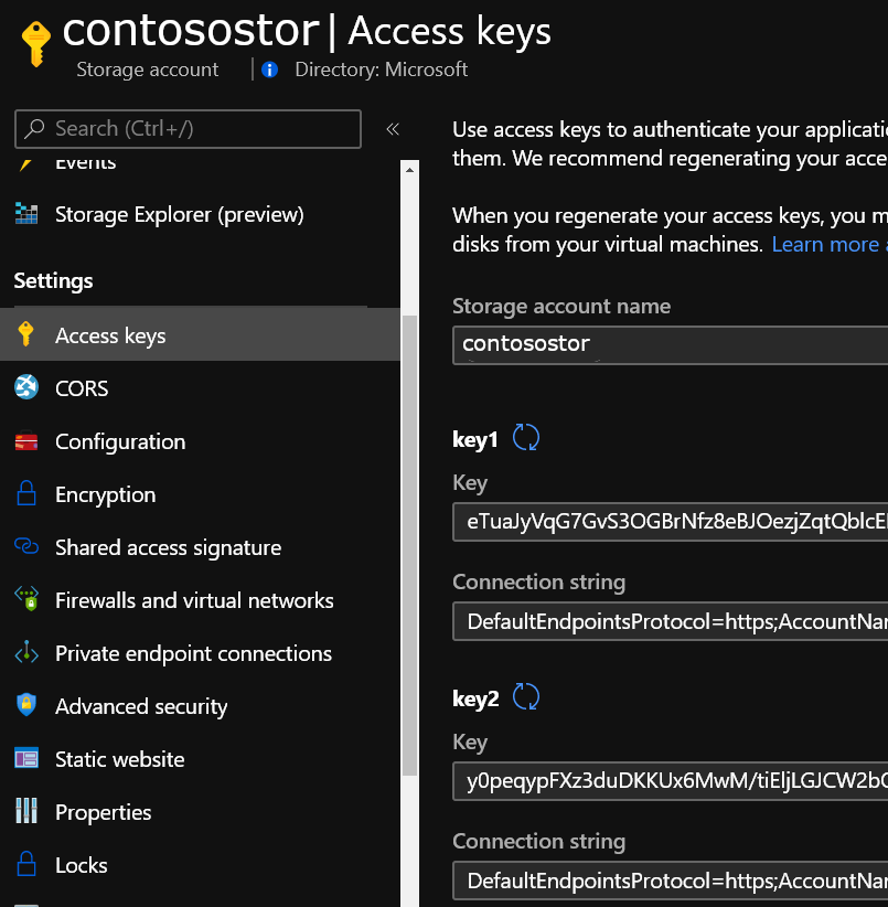 Shows access key settings in the portal.