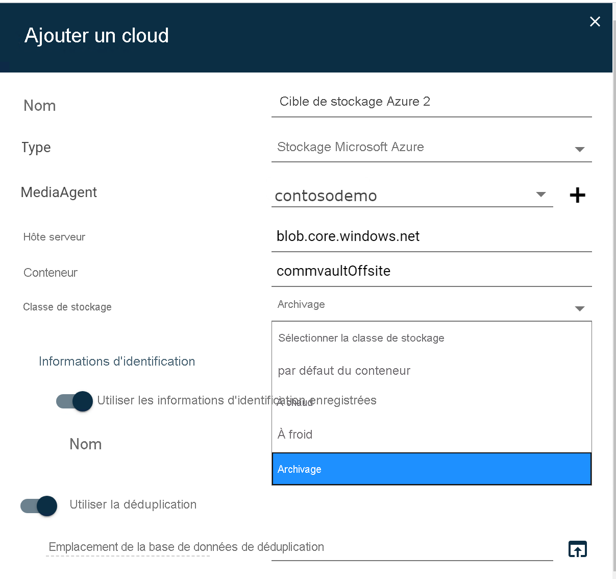 Screenshot of Commvault's Add cloud user interface. In the Archive drop-down menu, Archive is selected.