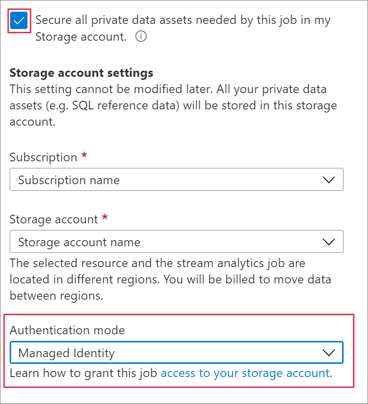 Paramètres de compte de stockage de données privées avec authentification par identité managée