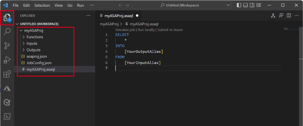 Capture d’écran montrant les fichiers projet Stream Analytics dans Visual Studio Code.