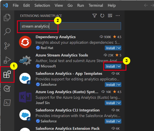 Capture d’écran de la page Extensions de Visual Studio Code sur laquelle figure une option permettant d’installer l’extension Stream Analytics.