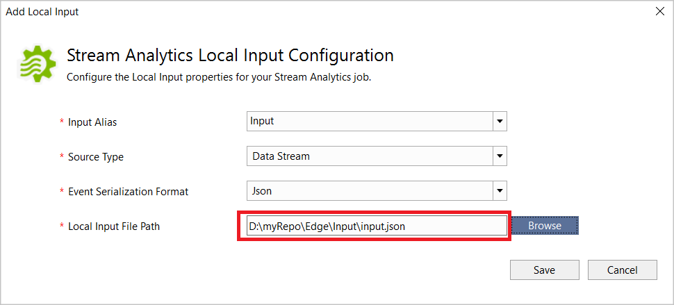 Local input configuration for Stream Analytics job in Visual Studio