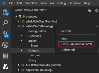 Capture d’écran de l’ouverture de la vue de la tâche dans le portail via l’extension VS Code.