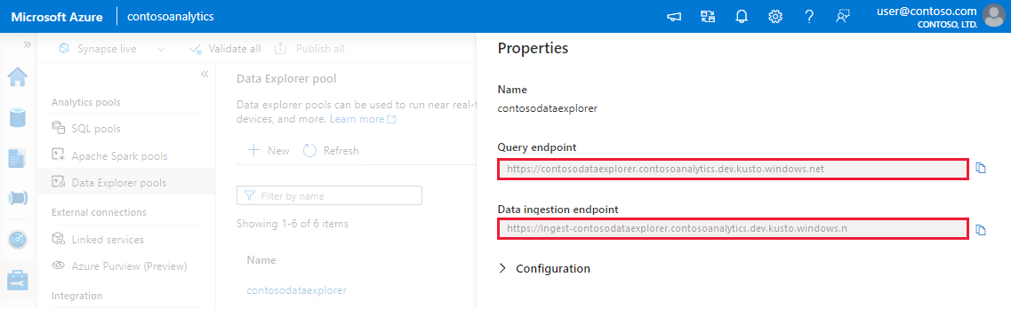 Capture d’écran du volet de propriétés des pools Data Explorer, montrant les adresses d’URI de l’ingestion de données et des requêtes.