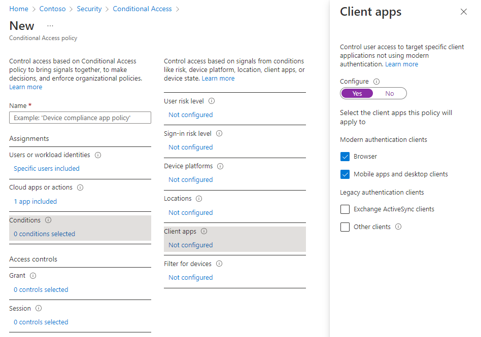 Capture d’écran de la page Accès conditionnel : Applications clientes. L’utilisateur a coché les cases Applications mobiles et Clients de bureau et Navigateur.
