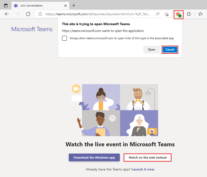 Capture d’écran de la page Regarder l’événement en direct dans Microsoft Teams. L’icône d’état et l’option Regarder sur le web à la place sont mises en surbrillance en rouge.