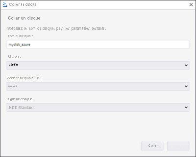 Capture d’écran du formulaire Coller le disque de l’application Explorateur Stockage Azure.
