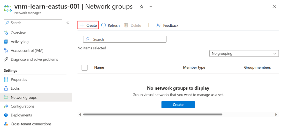 Capture d’écran d’une liste vide de groupes réseau et du bouton permettant de créer un groupe réseau.