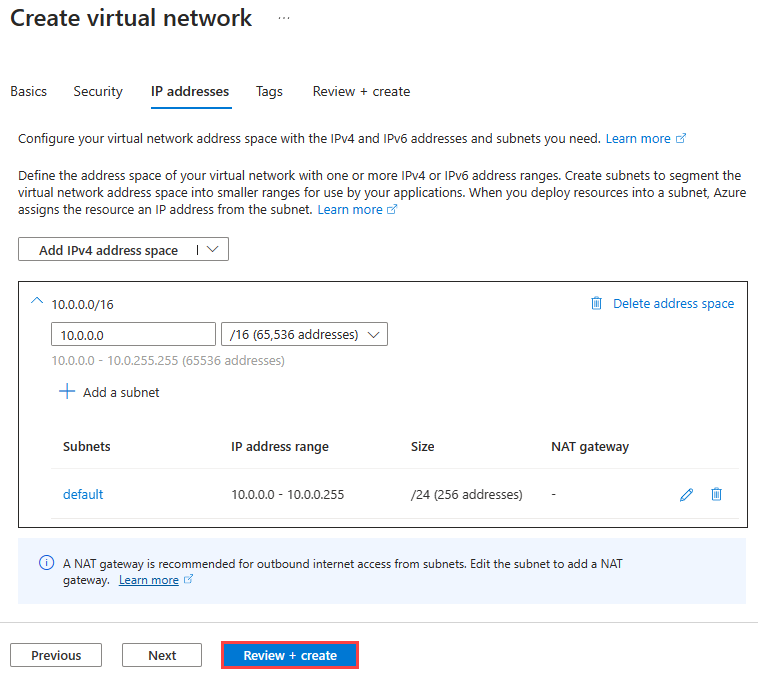 Capture d’écran des informations sur les adresses IP pour la création d’un réseau virtuel.