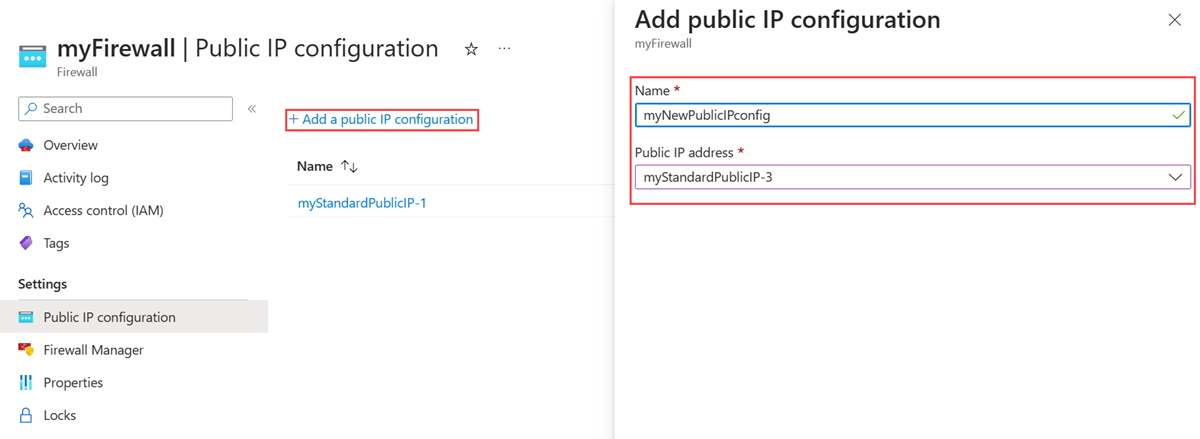 Capture d’écran affichant le volet de configuration Ajouter une adresse IP publique et mettant en évidence les champs Nom et Adresse IP publique.