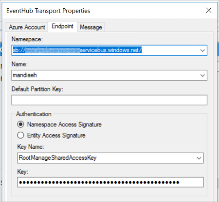 Exemples de propriétés d’espace de noms, de nom, de clé de partition et d’authentification dans l’adaptateur Event Hub pour envoyer les propriétés du point de terminaison de port dans BizTalk Server