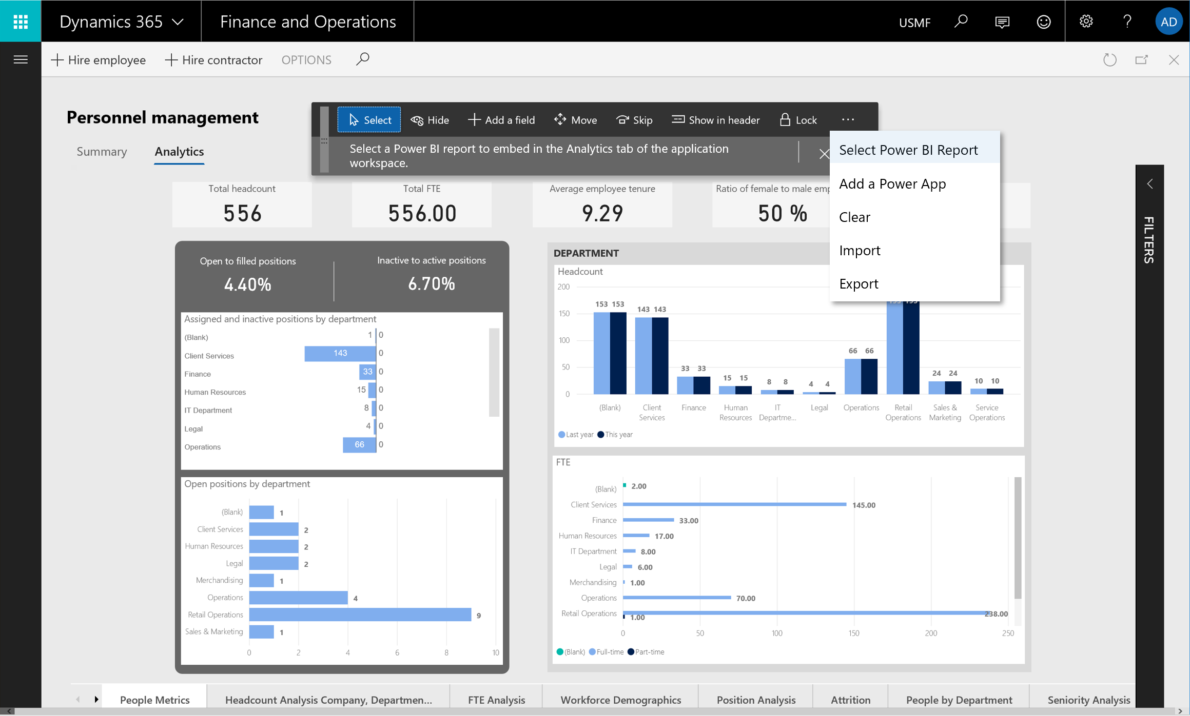Capture d'écran de la barre d'outils de personnalisation pour les espaces de travail analytiques