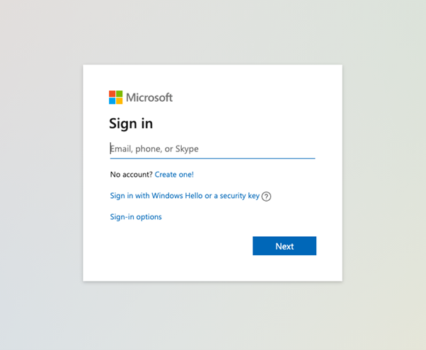 Microsoft account sign-in screen with email field, sign-in options link, and Next button.
