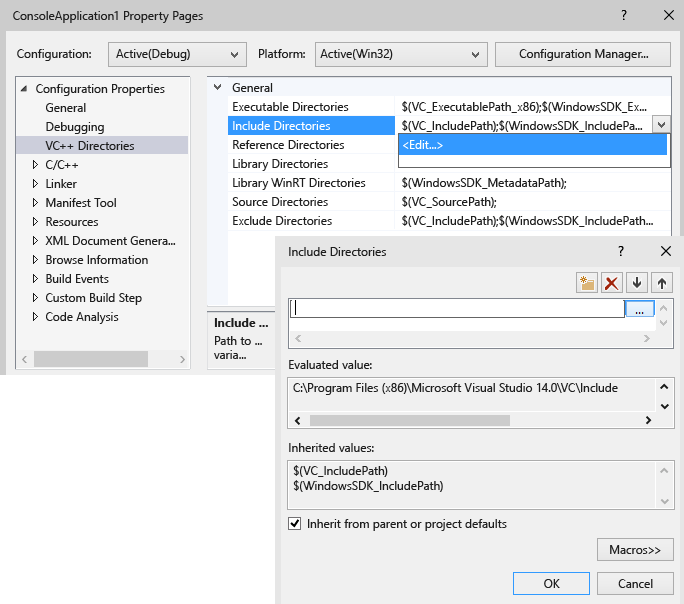 Capture d’écran de la page de propriétés de projet Visual Studio pour les répertoires VC plus plus.