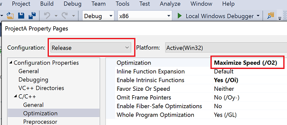 Capture d’écran de la boîte de dialogue Pages de propriétés d’un projet Visual Studio. La liste déroulante Configuration est mise en évidence, et a la valeur Mise en production. Le paramètre C/C++ > Optimisation > Optimisation a la valeur Augmenter la vitesse (/O2).