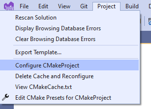 Capture d’écran de la liste déroulante du projet Visual Studio. L’option Configurer CMakeProject est sélectionnée.