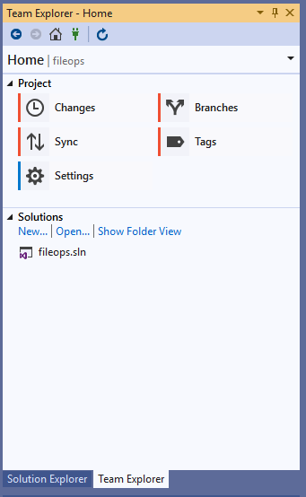Capture d’écran de la fenêtre Team Explorer dans Visual Studio 2019.