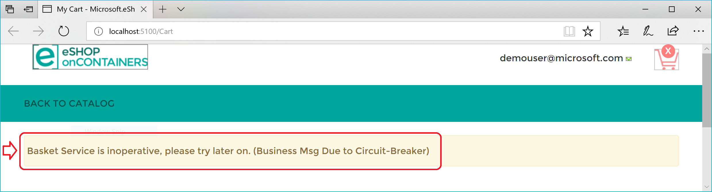 Screenshot of the MVC web app with basket service inoperative error.
