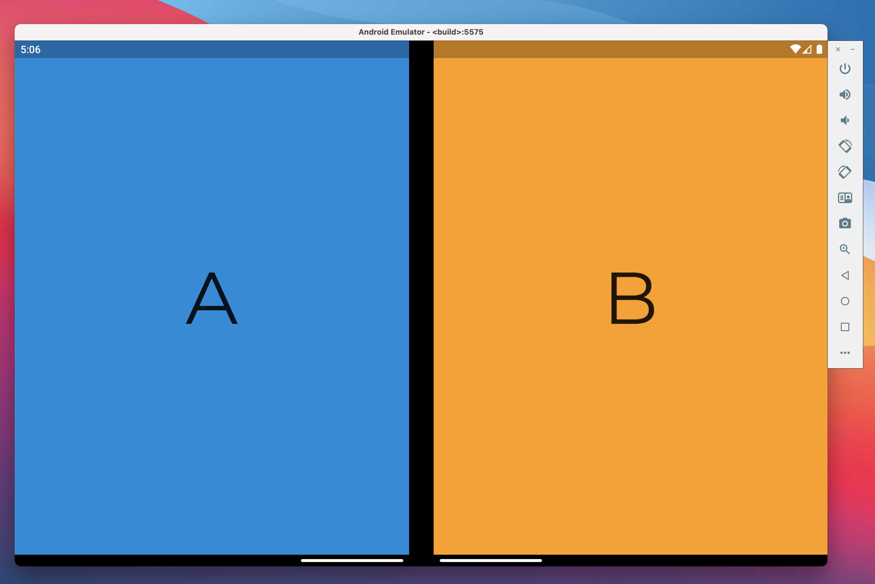Flutter TwoPaneView sur Surface Duo, l’écran gauche affiche un widget bleu et l’écran de droite affiche un widget orange