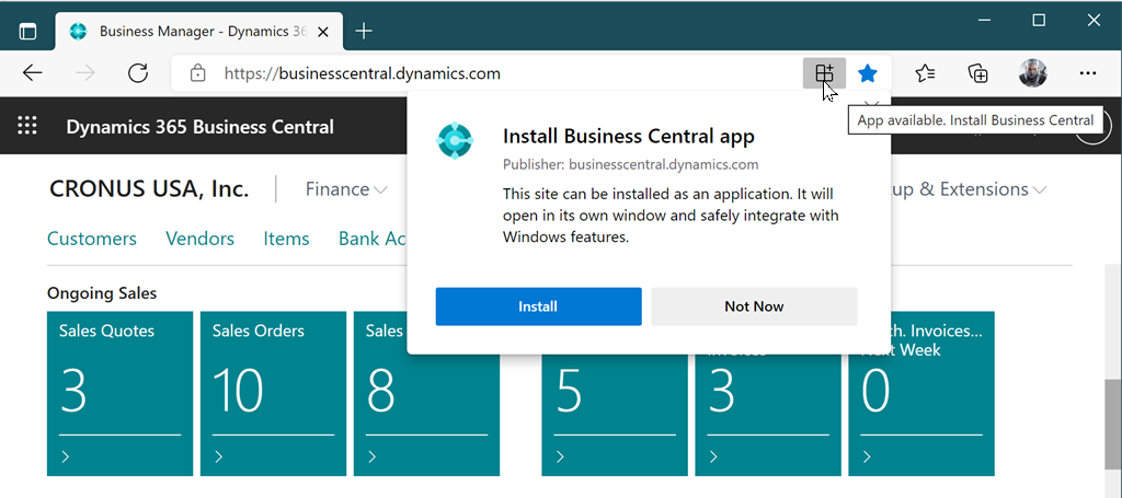 Installez l’application Business Central depuis votre navigateur.