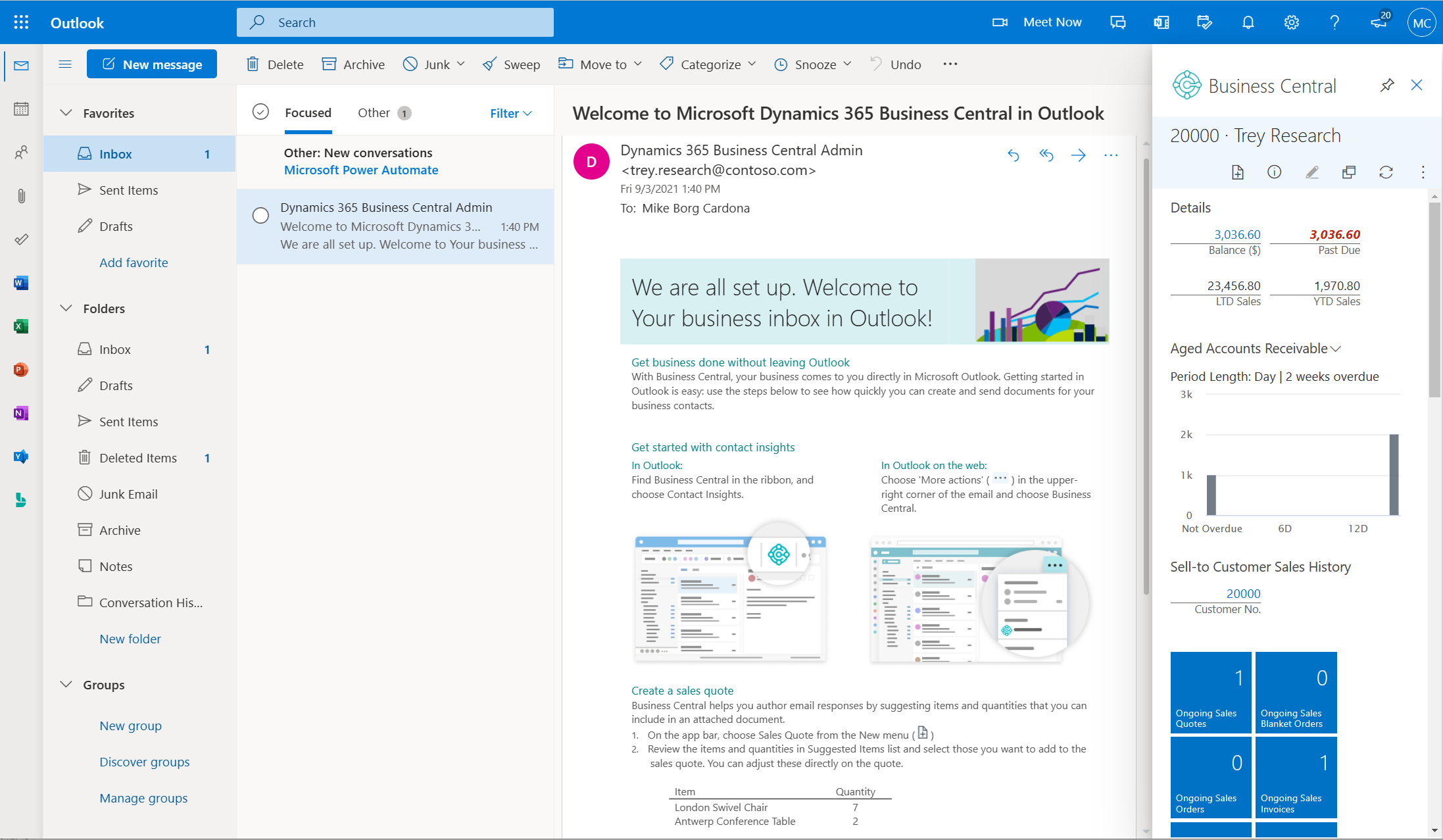 Outlook pour le web, affichant l’exemple d’e-mail envoyé par Business Central.