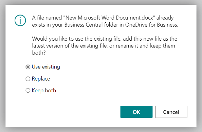 Boîte de dialogue indiquant les trois choix disponibles quand le fichier est déjà présent dans OneDrive