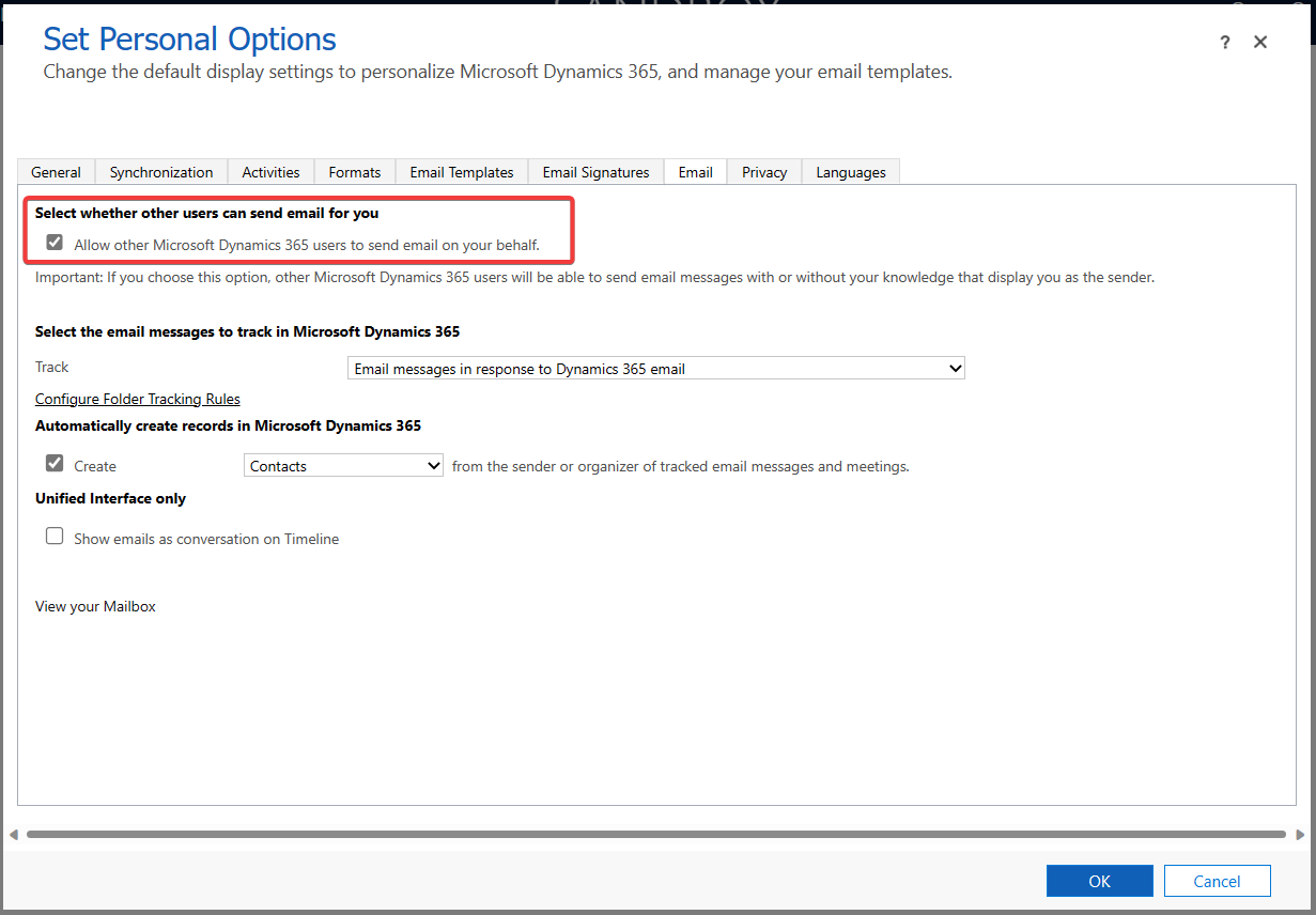 Capture d’écran montrant comment définir le paramètre pour Autoriser les utilisateurs de Microsoft Dynamics 365 à envoyer un e-mail en votre nom.