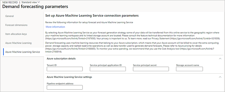 Paramètres sur l’onglet Azure Machine Learning Service de la page Paramètres de prévision de la demande.
