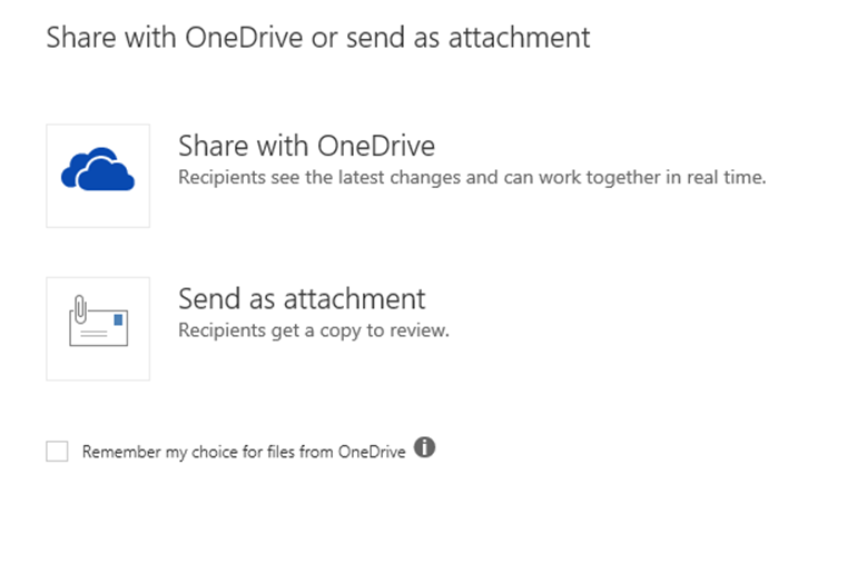 Boîte de dialogue Options de pièce jointe, Partager avec OneDrive ou Envoyer en tant que pièce jointe.