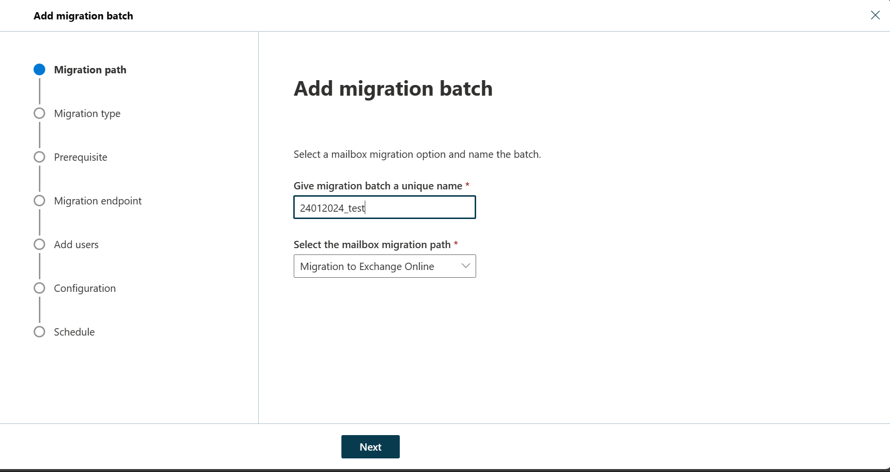 Capture d’écran de l’Assistant Migration montrant la page Ajouter un lot de migration dans laquelle l’utilisateur peut spécifier un nom de lot unique et sélectionner le chemin de migration de boîte aux lettres.