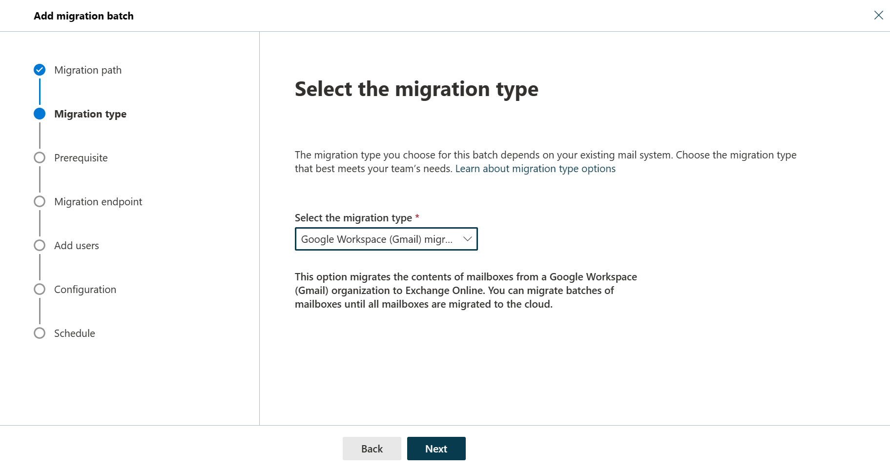 Capture d’écran de la boîte de dialogue Sélectionner le type de migration dans laquelle l’utilisateur peut sélectionner le type de migration.