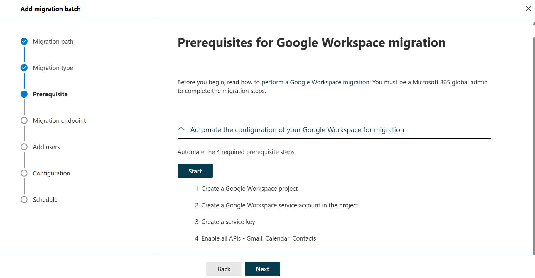 Capture d’écran de la boîte de dialogue Prérequis pour la migration de l’espace de travail Google montrant une liste des étapes de configuration et le bouton Démarrer qui automatisera le processus.
