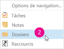 Menu de la barre de navigation Outlook 2013 pour accéder aux dossiers