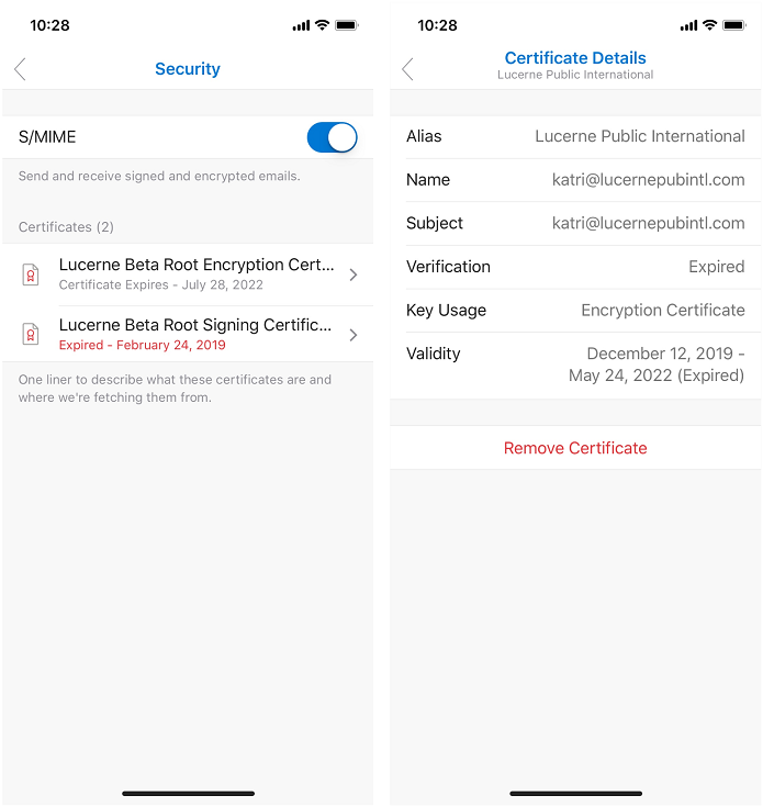 Capture d’écran montrant l’écran détails du certificat Outlook pour iOS.