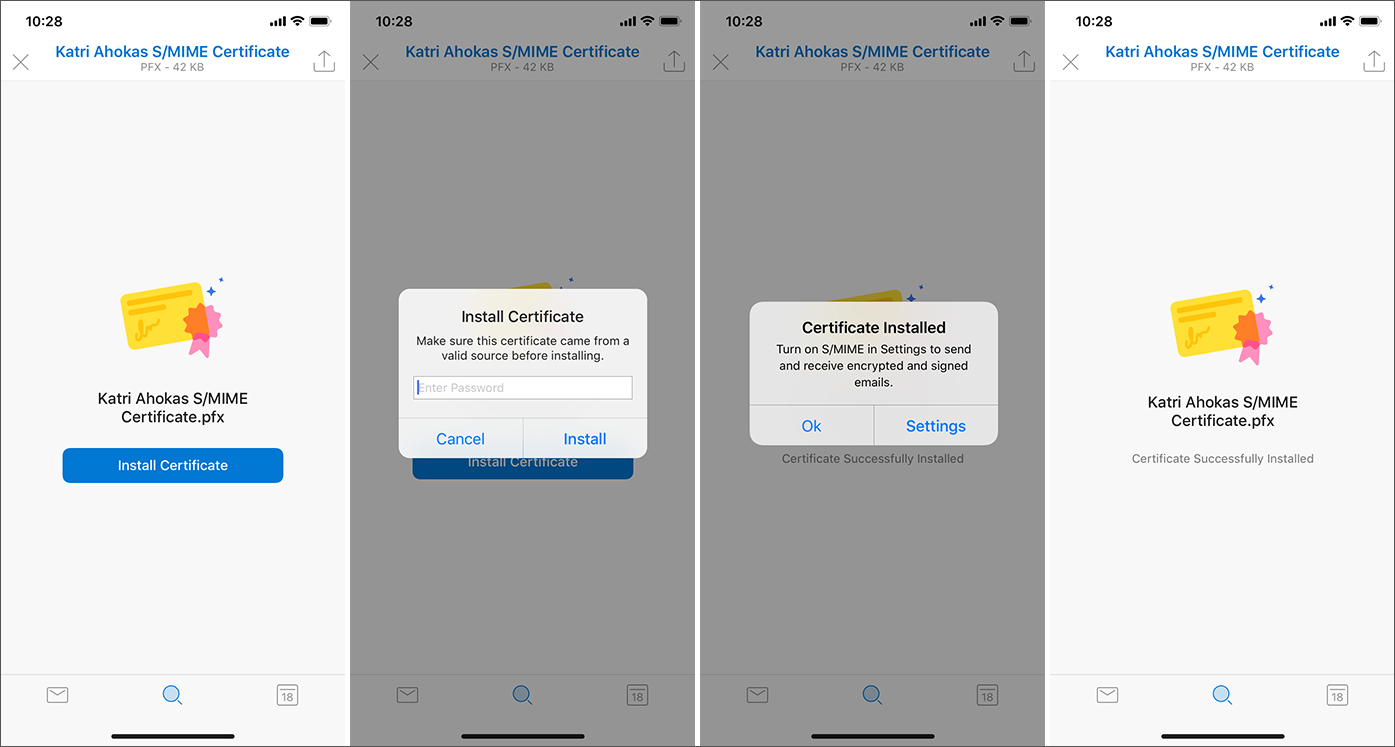 Captures d’écran montrant l’installation manuelle des certificats sur iOS.