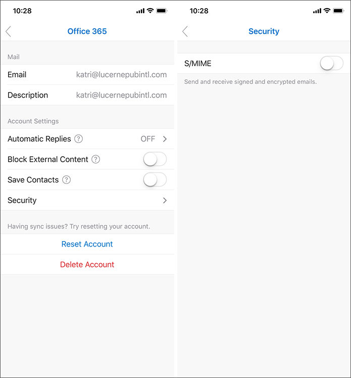 Captures d’écran montrant les paramètres de sécurité S/MIME d’Outlook pour iOS.