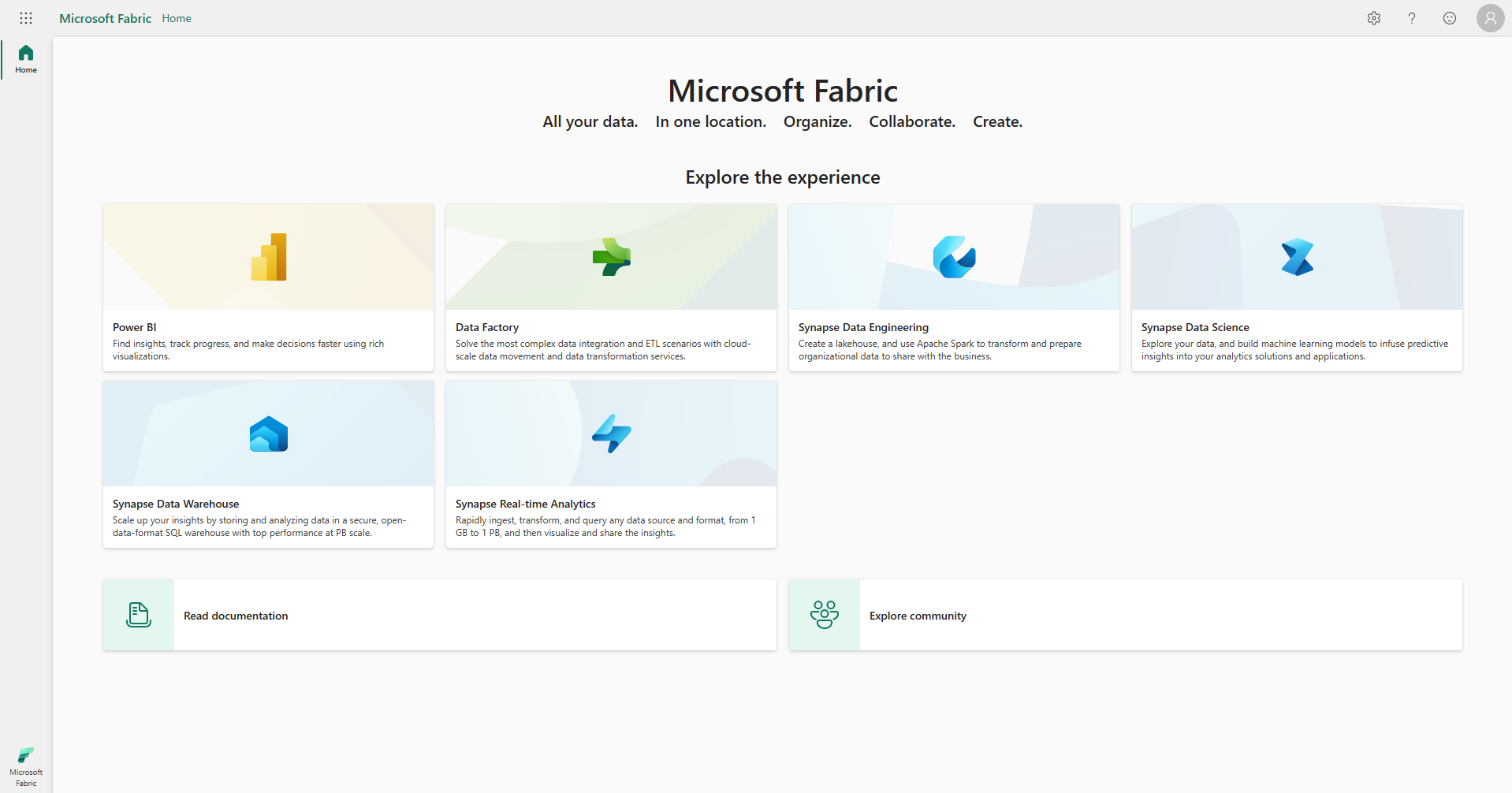 Capture d'écran de la page d'accueil de Microsoft Fabric avec le gestionnaire de compte en rouge.