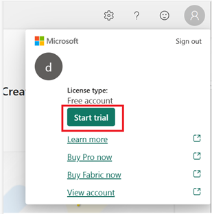 Capture d'écran du gestionnaire de compte Microsoft Fabric.