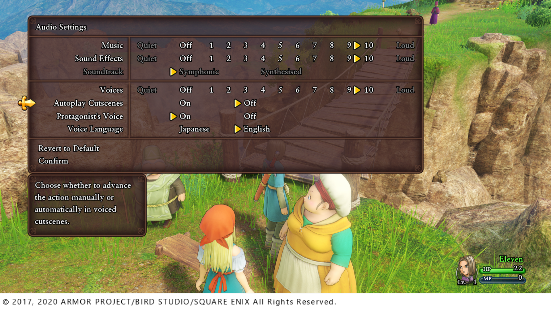 Dragon Quest XI S: Echoes of an Elusive Age screen shot of Audio Settings where Autoplay Cutscenes setting is set to Off.  Copyright on the bottom says "2017, 2020 Armor Project / Bird Studio / Square Enix All Rights Reserved.