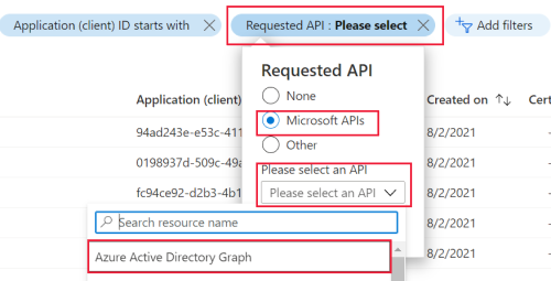 Filtrez les applications qui utilisent Azure AD Graph.