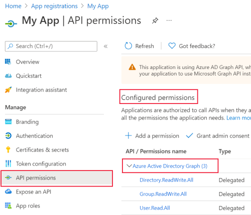 Liste des autorisations d’API d’une application à partir du Portail Azure.