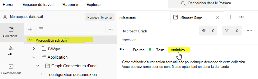 Capture d’écran de l’onglet d’API des connecteurs Microsoft Graph et la section Variables