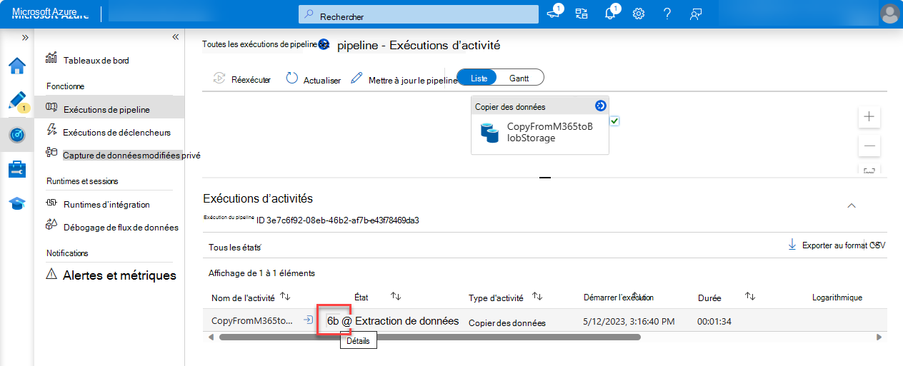 Capture d’écran montrant l’interface utilisateur du portail Azure pour l’activité de fabrique de données s’exécute, l’utilisateur sélectionne les googles dans le nom de l’activité pour ouvrir l’onglet Détails.