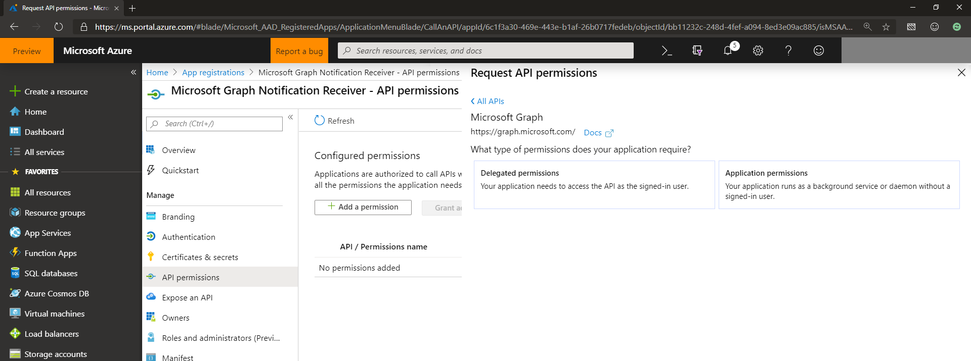 Capture d’écran de la page Demander des autorisations d’API du centre d'administration Microsoft Entra