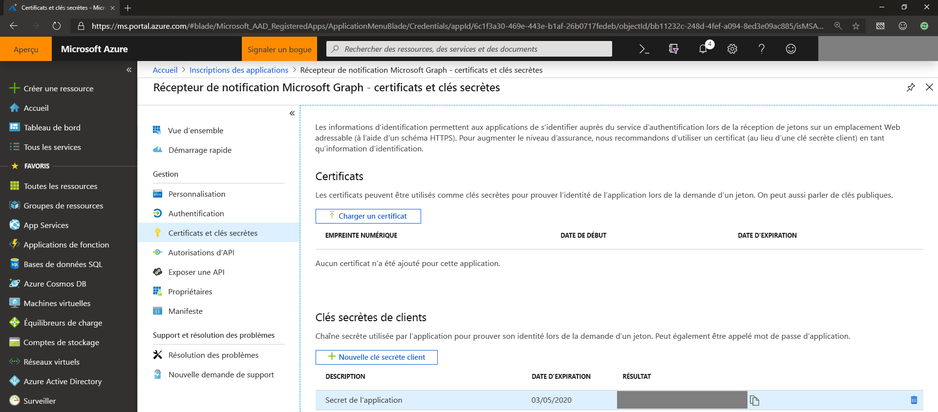 Capture d’écran des certificats et secrets d’application dans le centre d'administration Microsoft Entra