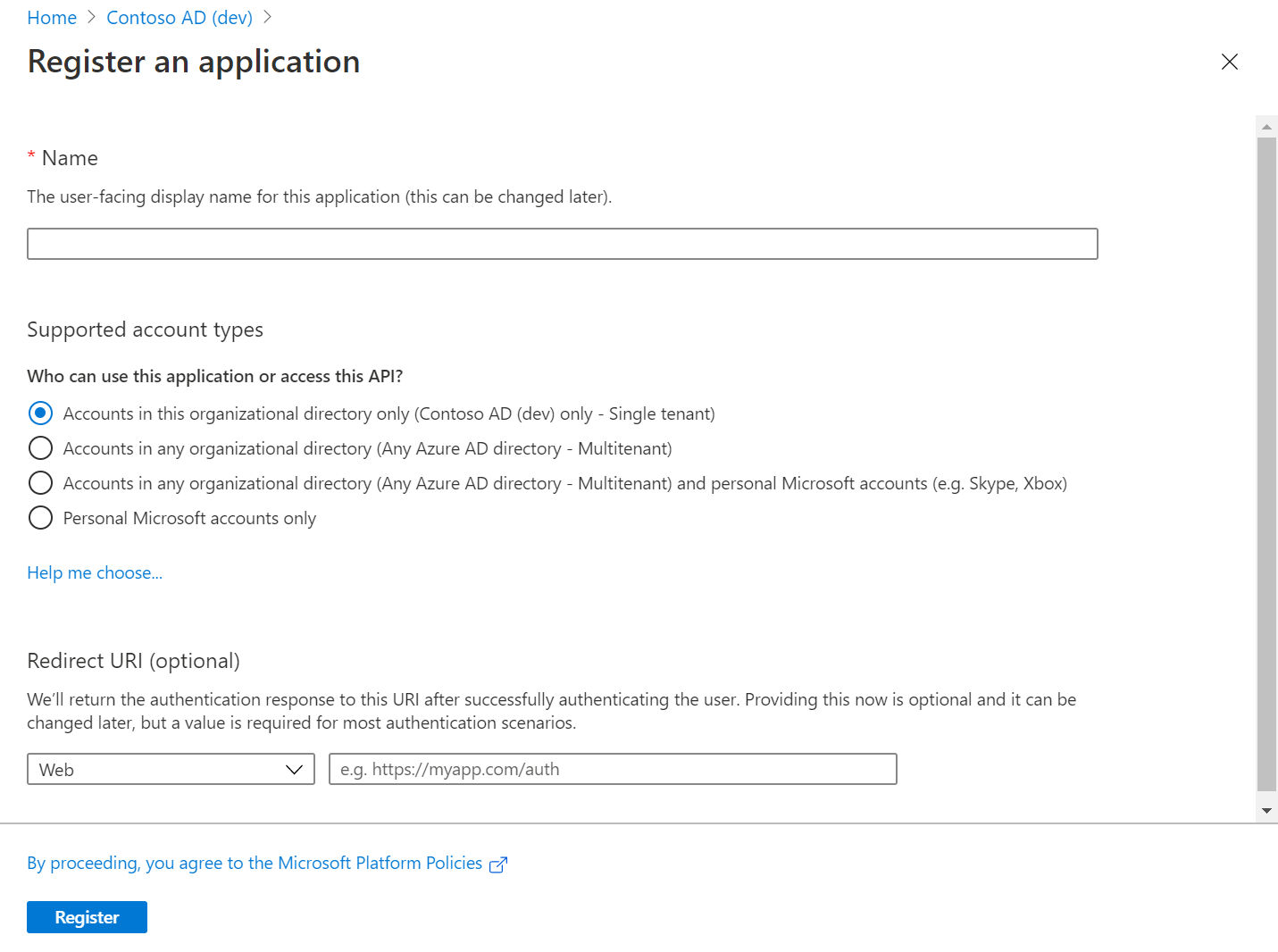 Capture d’écran du centre d'administration Microsoft Entra, montrant le volet Inscrire une application.