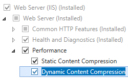 Screenshot of Web Server and Performance node with Static Content Compression selected and Dynamic Content Compression highlighted.